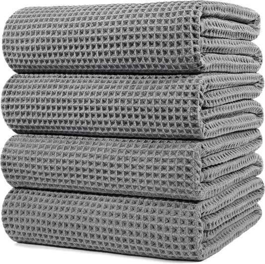 POLYTE Microfiber Oversize Quick Dry Lint Free Bath Towel, 60 x 30 in, 4 Pack (Waffle Weave)