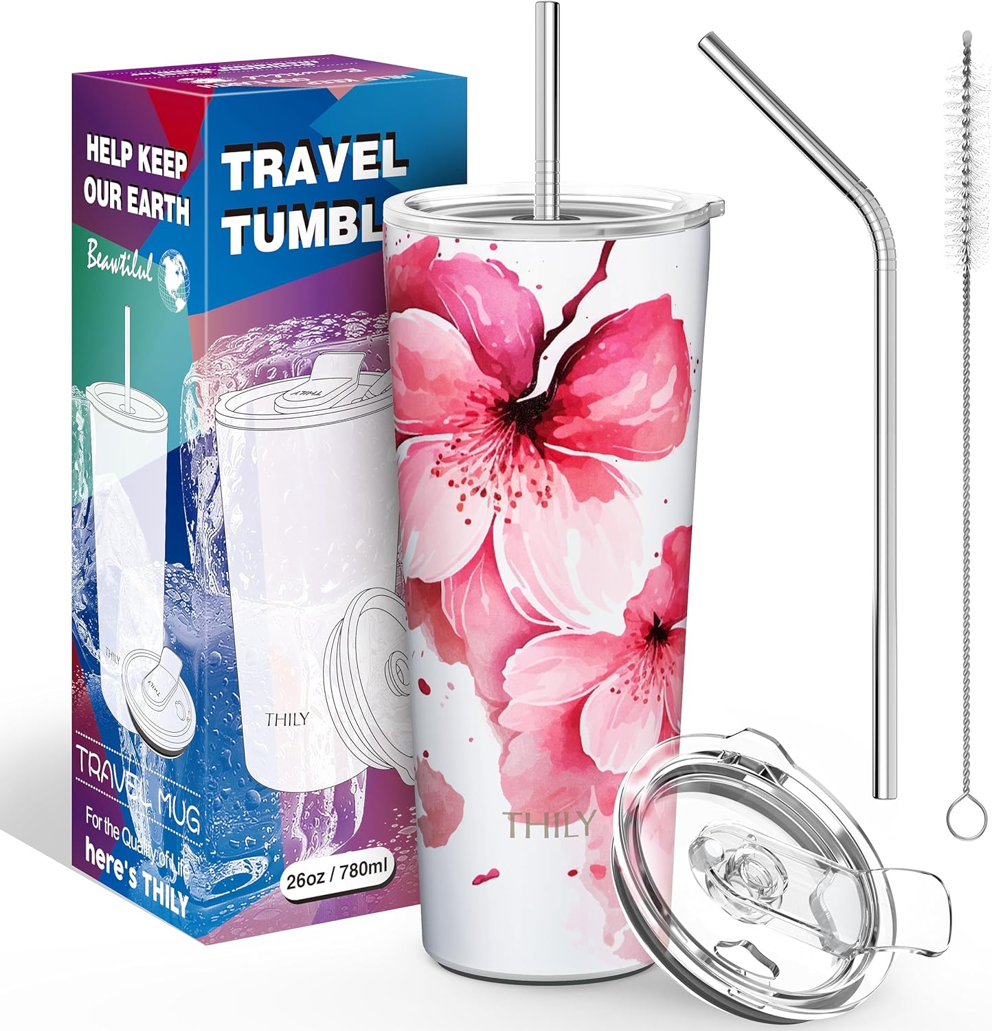 THILY Stainless Steel Vacuum Insulated Tumbler Travel Mug 26 oz Coffee Cup with 2 Lids and Straws, Splash Proof, Keep Ice Drinks Cold, Cherry Blossoms