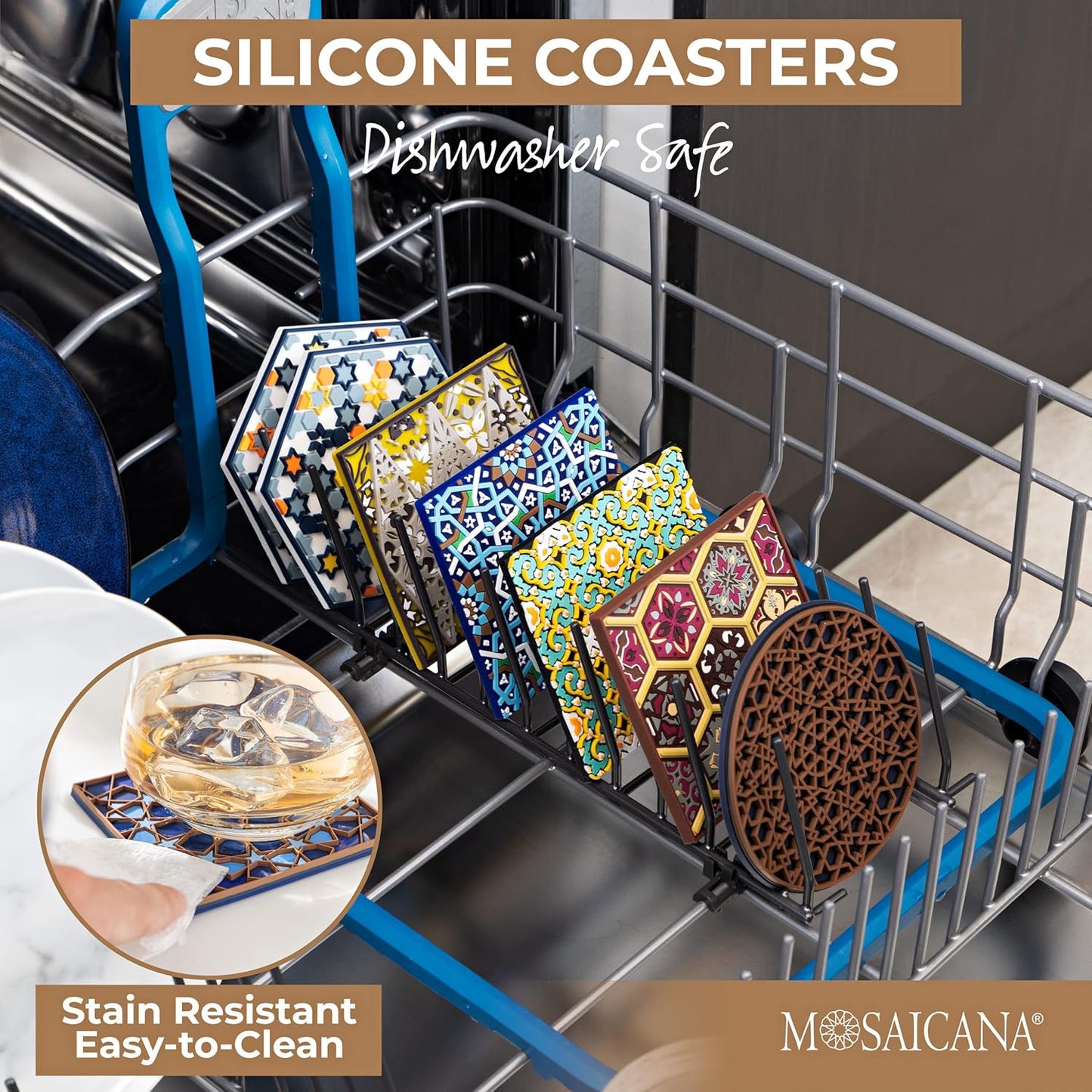 Blue Tile Colored Coasters Set of 4, Silicone, Protects Against Water Marks or Damage Fits All Cups, 3.5" Size