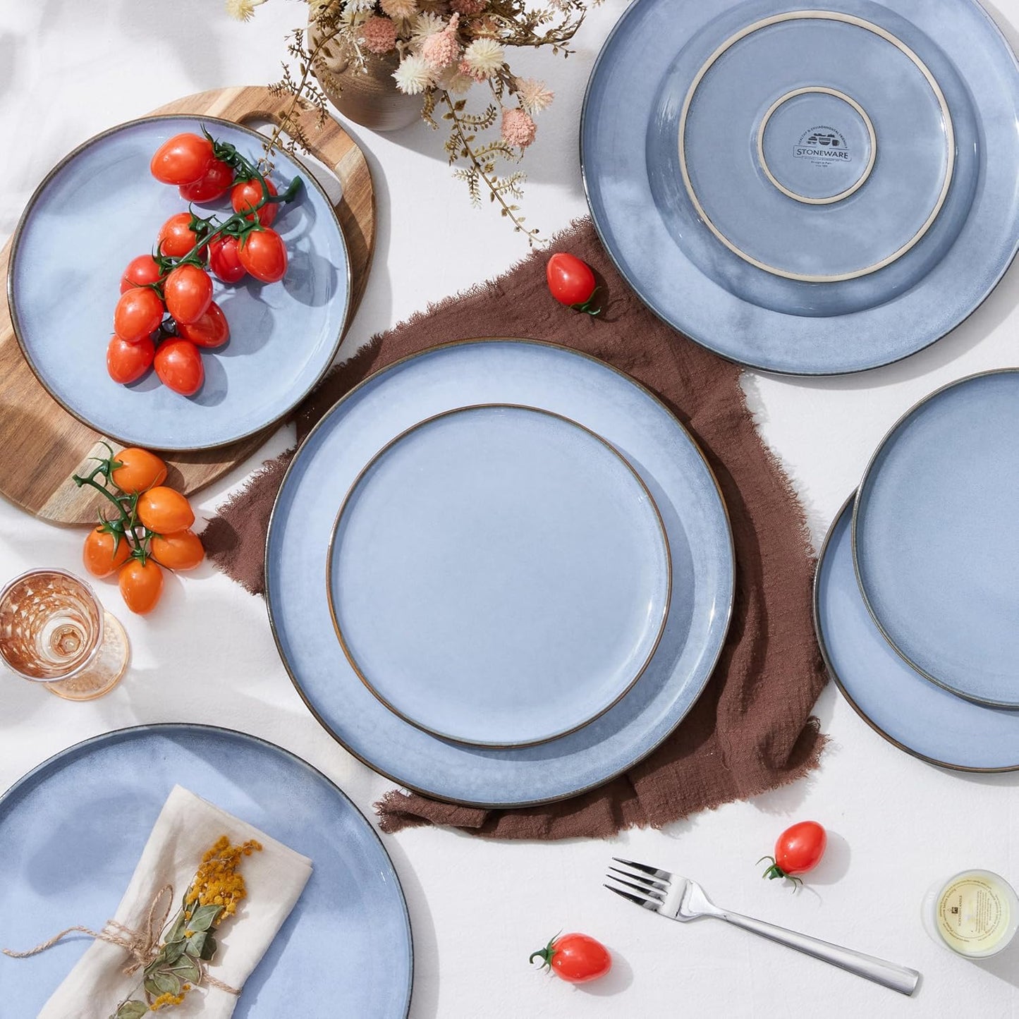 Herogo 6-Piece Stoneware Dinner Plates Set, 7.9" Ceramic Round Dessert Plate Set, Small Handmade Double Reactive Glaze Dinnerware Plates for Kitchen, Microwave, Oven and Dishwasher Safe, Haze Blue