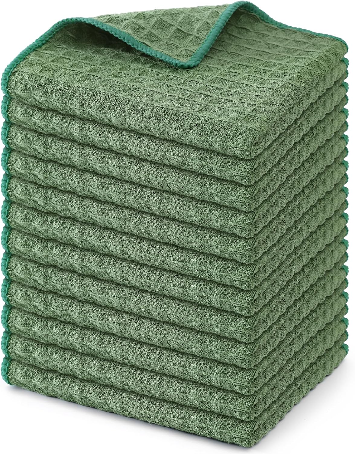 Homaxy Microfiber Waffle Weave Kitchen Dish Cloths, 12 x 12 Inch Ultra Absorbent and Solid Color Dish Towels for Kitchen Fast Drying Dishcloth for Washing Dishes, 12 Pack, Grass Green