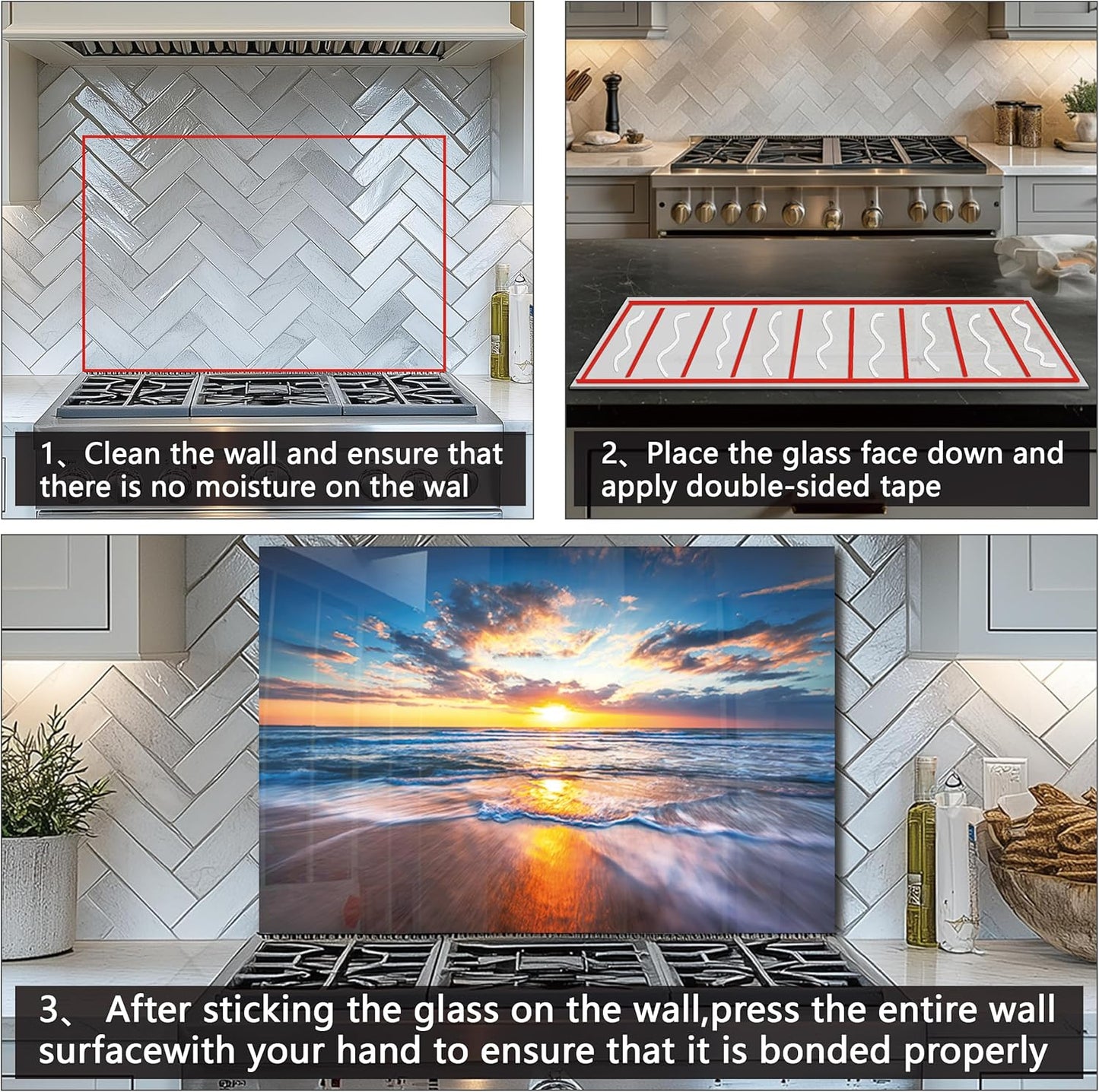 Tempered Glass Backsplash For Kitchen Behind Stove,Sea Beach Stove Backsplash Top Cover,Easy to Clean Glass Splashback, Sink Cover Splash Guard,Home Kitchen Wall Decor (30"x18"(76.2x45.72cm))