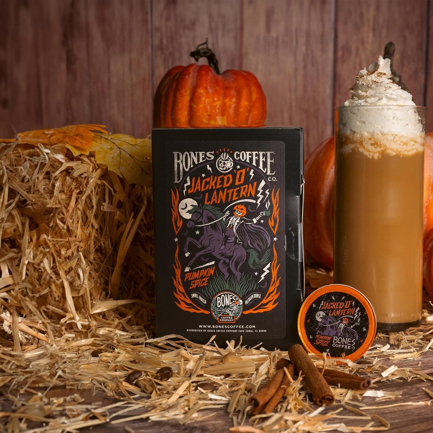 Bones Coffee Company Jacked 'O' Lantern, Pumpkin Spice Flavored Coffee Pods, Low Acid Medium Roast Single-Serve Bones Cups, Compatible with 1.0 & 2.0 K-Cups Brewers Coffee Maker, 12 Count