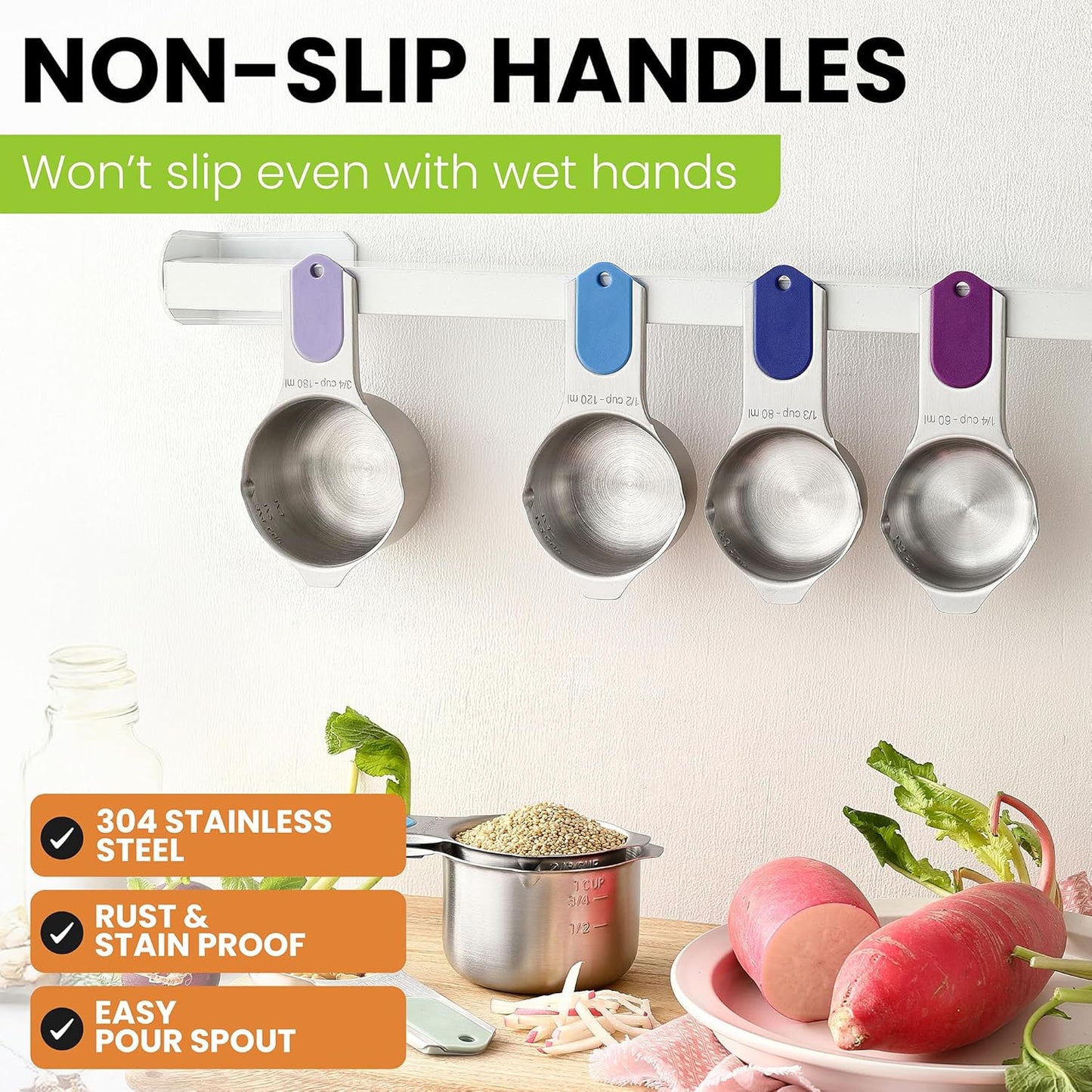 Spring Chef Magnetic Stainless Steel Measuring Cups (Patent Pending), Kitchen Tools with Easy to Read Markings for Measuring Dry or Liquid Ingredients, Set of 7, Winter Frost