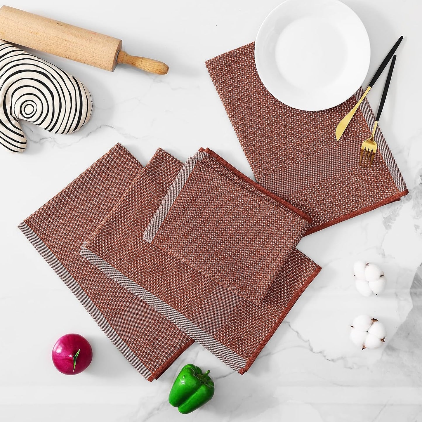 Homaxy Premium Kitchen Towels(18”x 28”, 8 Pack), Large Cotton Kitchen Hand Towels, Flat and Terry Dish Towels, 380 GSM Highly Absorbent Tea Towel Set with Hanging Loop, Rust