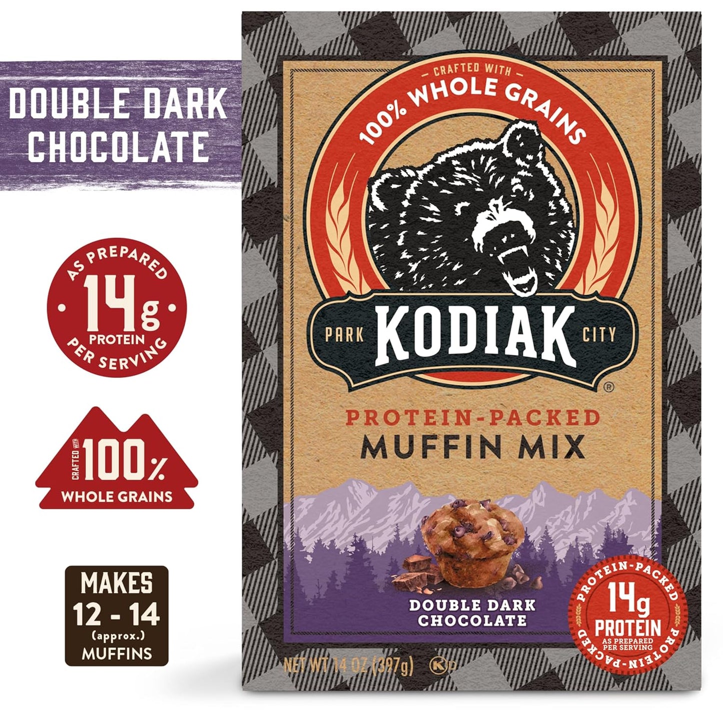 Kodiak Cakes Power Bake Muffin Mix, Double Dark Chocolate, 14 Ounce (Pack of 6)