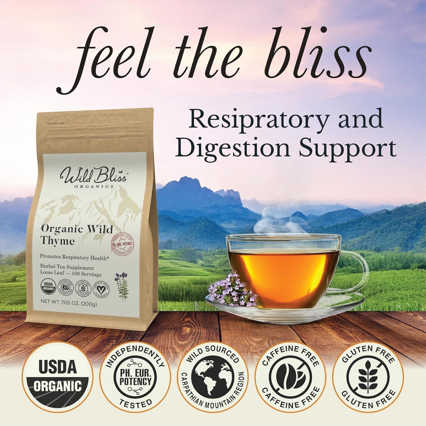 Wild Bliss Organic Wild Breckland Thyme Tea - Caffeine Free Loose Leaf Herbal Tea - Resipratory and Digestion Support - 7.05 Oz - 100 Servings