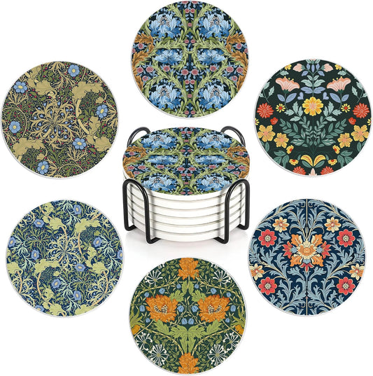 Coaster for Drinks Set of 6, Vintage Flower Absorbing Round Ceramic Stone Coaster with Cork Base,Tabletop Protection Mat for Mugs and Cups,Coffee Table Wine Glass Home Bar 4 Inch