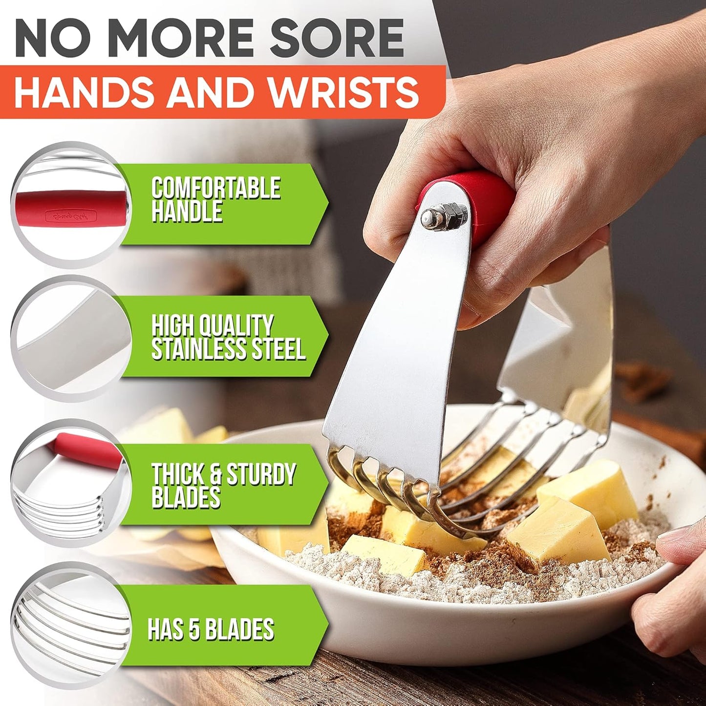 Spring Chef Dough Blender, Top Professional Pastry Cutter, Heavy Duty Baking Tool with Stainless Steel Blades, Medium Size, Red