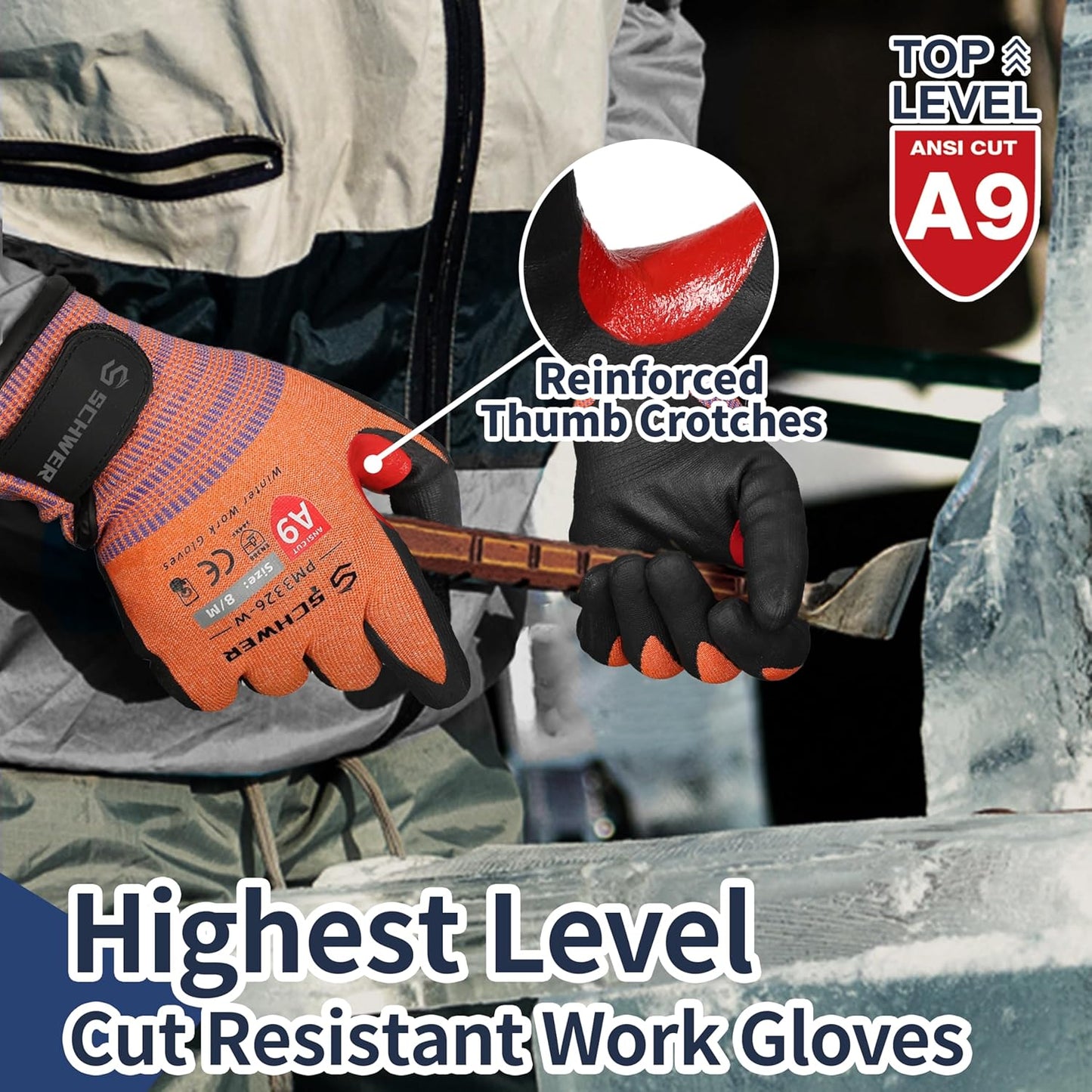 FreezeGuard-X Winter Work Gloves for Men and Women, ANSI A9 Cut Resistant Gloves for Extreme Protection, Freezer Glove With Super Grip, Touchscreen, Thermal Insulated, Non PFAS, PM3326-W (M,2 Pairs)