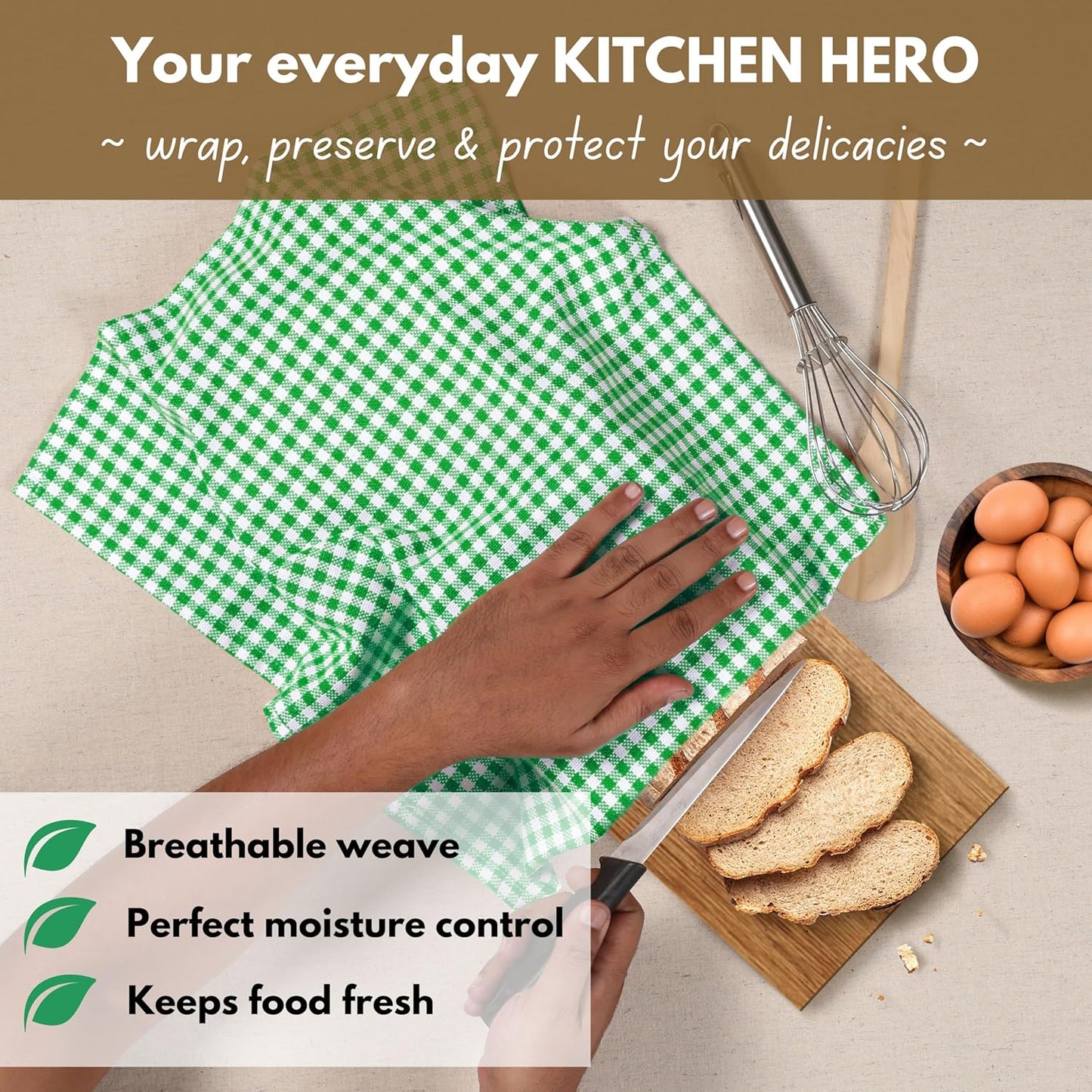 Native Fab 6 Pack Kitchen Towel with Hanging Loop 16x26 inches, Cotton Gingham Check Kitchen Towels for Drying Dishes, Soft & Absorbent Washcloths, Dish Cloth, Green White