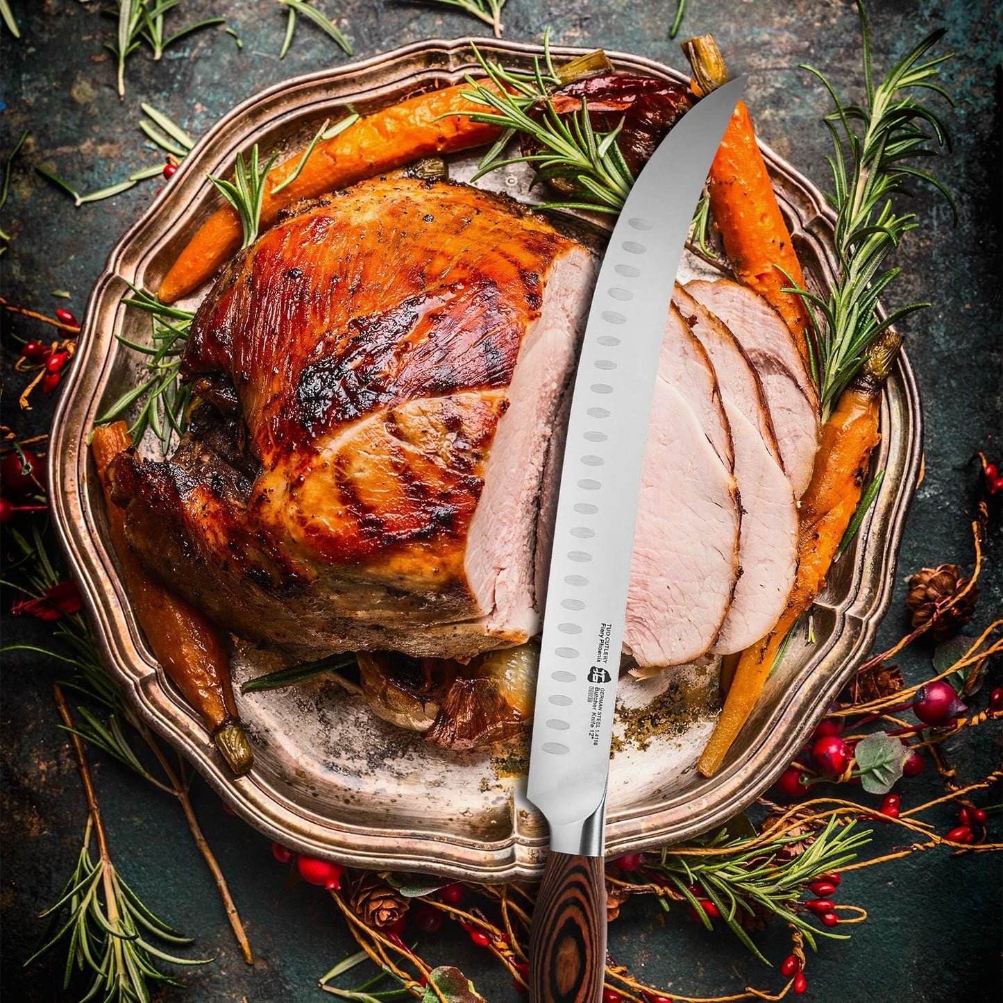 TUO Butcher Knife - 12 Inch Breaking Butcher s Knives Curved Granton Edge Carver Slicing Knife Long Meat Veggies Cleaver - German HC Steel Comfortable Pakkawood Handle - Fiery Series Gift Box Included