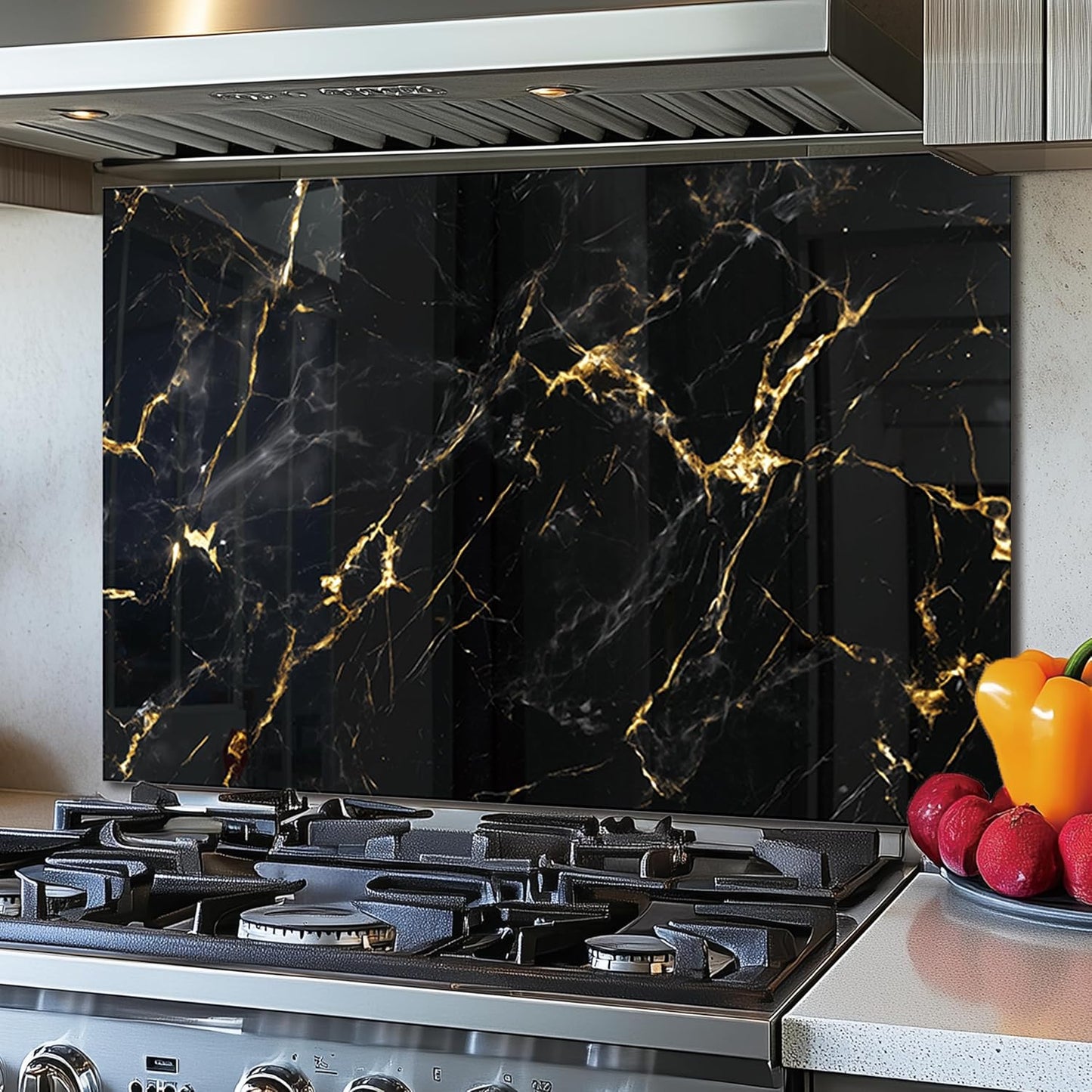 DAIFURONGE Tempered Glass Backsplash For Kitchen Behind Stove,Black Marbling Stove Backsplash Top Cover,Easy to Clean Glass Splashback, Sink Cover Splash Guard,Home Kitchen Wall Decor (30"x18"(76.2x45.72cm))