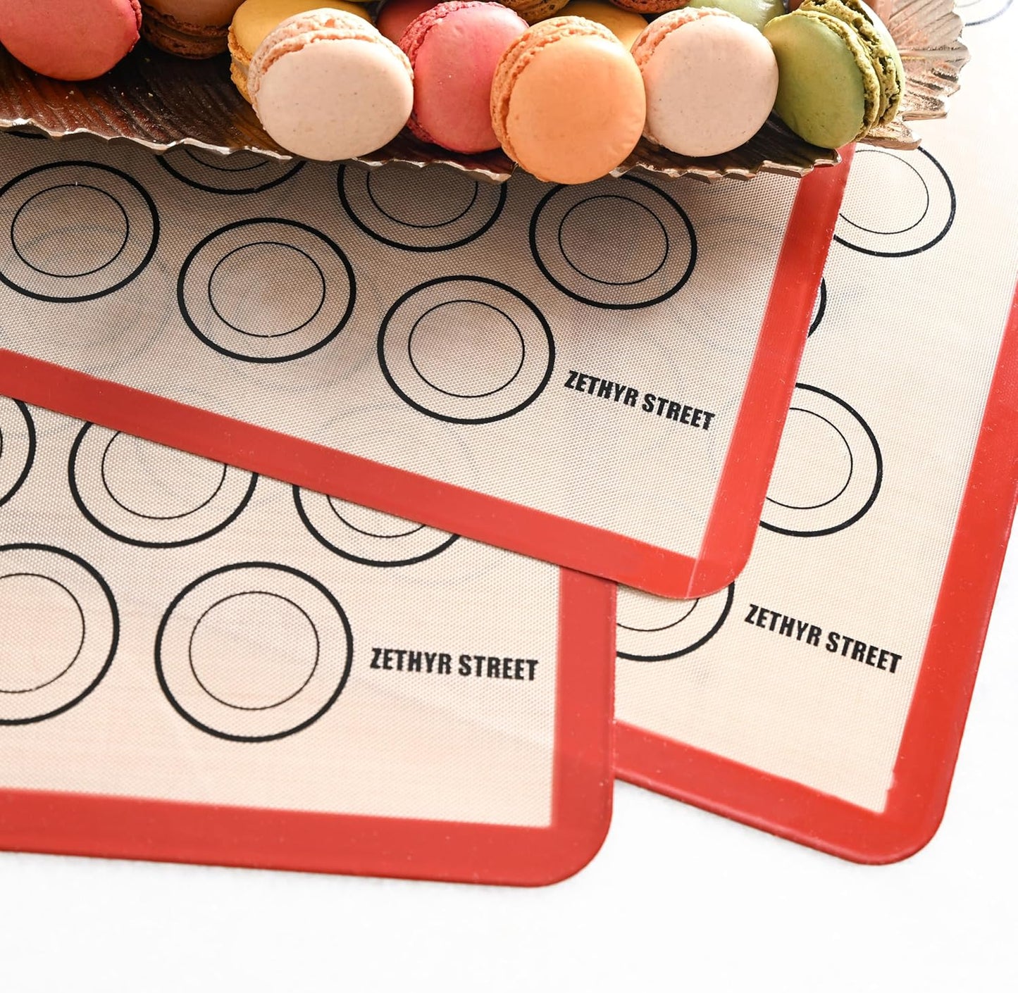 Macaron Silicone Baking Mats - Set of 10 - Full Size - 16.5 x 24, Non-Stick Macaron Mat for Perfect Baking - Dishwasher & Oven Safe, Ideal for Macarons, Cookies, Bread, Red Border