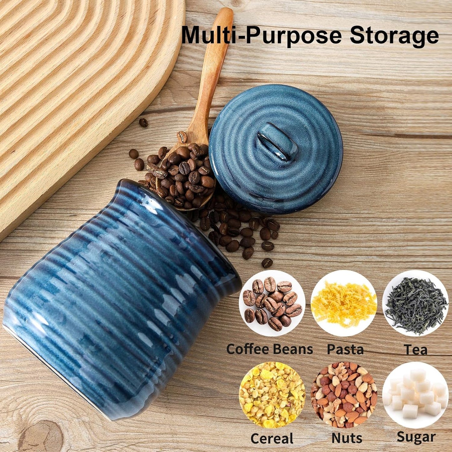 Ceramic Kitchen Canister, Large Food Storage Jar with Aritight Lid for Coffee,Tea,Sugar,Flour,Cookie,Candy,Cereal,Dog Treat, 35 oz Coffee Canister for Kitchen Countertop, Blue