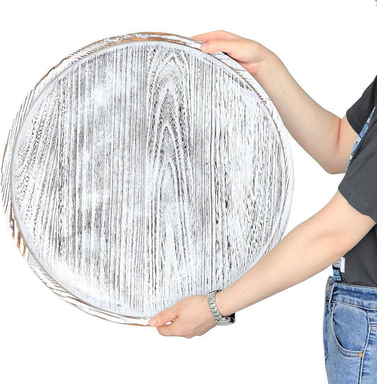 Extra Large Round Ottoman Table Tray 20" - Rustic Wooden Serving Tray for Farmhouse Decorative Oversized Coffee Table Trays Living Room Kitchen Counter Breakfast White