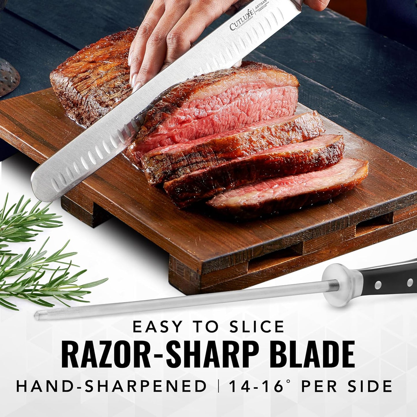 Cutluxe BBQ Knife Carving Set – 12" Brisket Knife & 10" Honing Rod, Butcher Knife Set for Meat Cutting – Ultra Sharp German Steel, Ergonomic Pakkawood Handles – Artisan Series