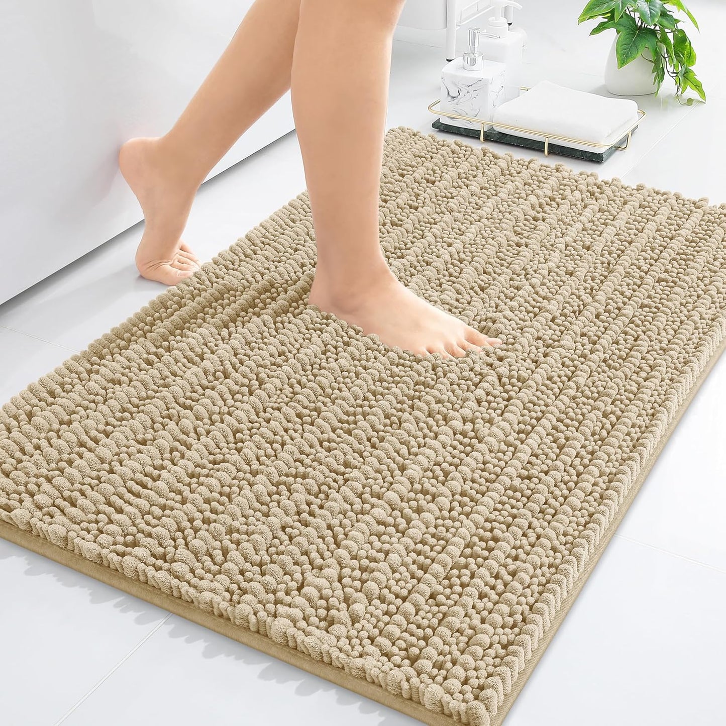 Arotive Luxury Chenille Bathroom Rug Mat, Extra Soft Thick Absorbent Shaggy Bath Rugs, Non-Slip Machine Wash Dry, Plush Bath Mats for Bathroom, Shower and Tub, 30x20, Beige
