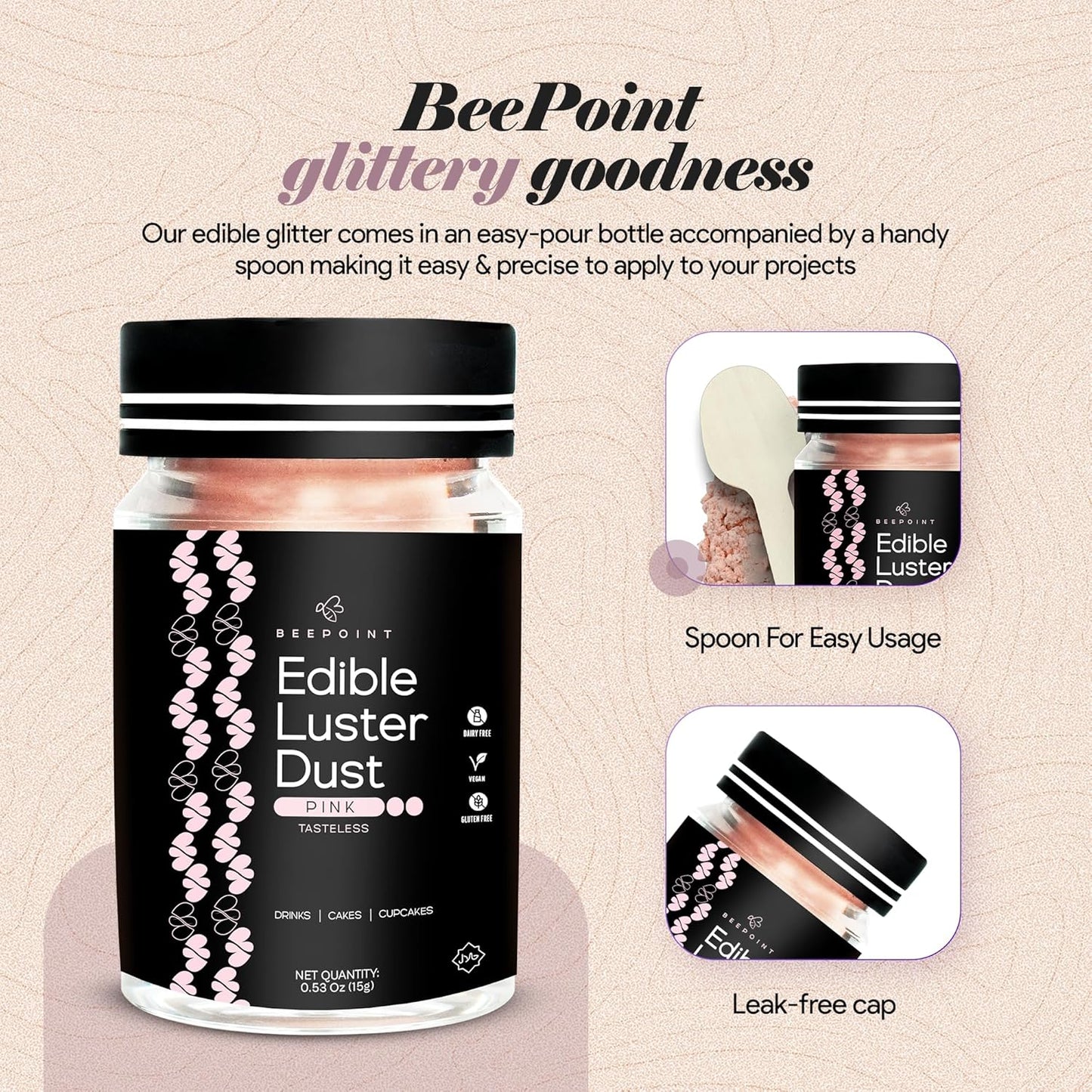 BeePoint Pink Edible Luster Dust 15g - Food Grade, Vibrant Color Shimmer Powdered Dust for Drinks, Cocktails, Cake Decorating, Baking, Chocolates, Candy, Sweets, & Cookies - Vegan & Gluten Free