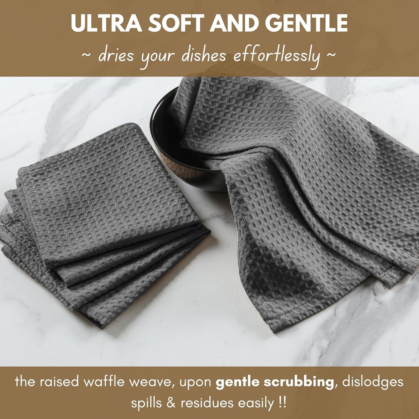 Native Fab Waffle 18 Pack Dish Cloths Set - 100% Cotton, Absorbent, Quick Drying, Washable Towels for Cleaning, Cooking & Baking - Great for Home, Restaurants, Bars & Cafes, 12x12 inches - Grey