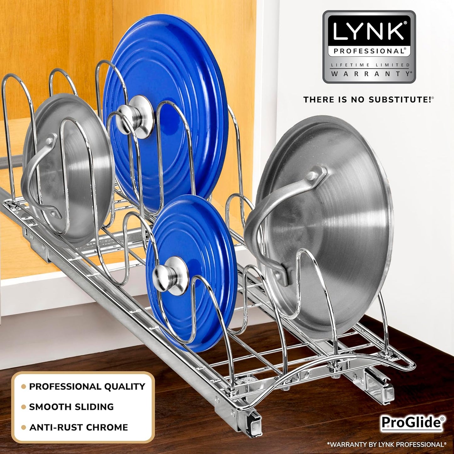 LYNK PROFESSIONAL® Pull Out Pot Lid and Cookie Sheet Organizer Rack for Cabinet - Lifetime Ltd. Warranty - Sliding Kitchen Organizers – Pans, Pots, Lids, and Tray Storage - 7.25 wide x 21 inch, Chrome