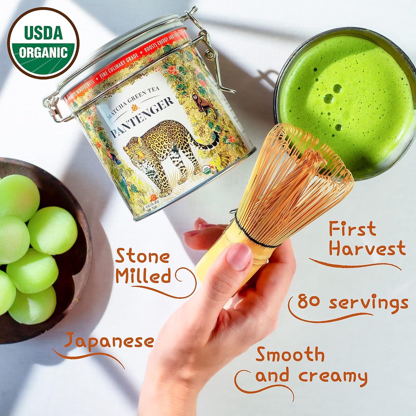 Pantenger Organic Matcha Green Tea Powder | 3 OZ - 70 Servings | Authentic Japanese Matcha Powder | Premium First Harvest | Latte & Smoothie Grade.