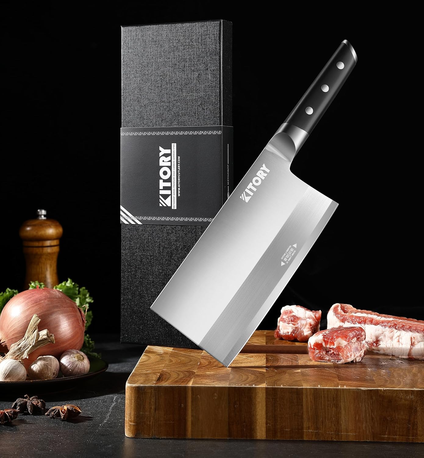 Kitory Meat Cleaver Knife 7"- Front Cutting Behind Chopping - German High Carbon Steel Blade, Chinese Qian Qie Hou Zhan Kitchen Chef`s Knife - 2024 Gifts - Metadrop Series MTD09S