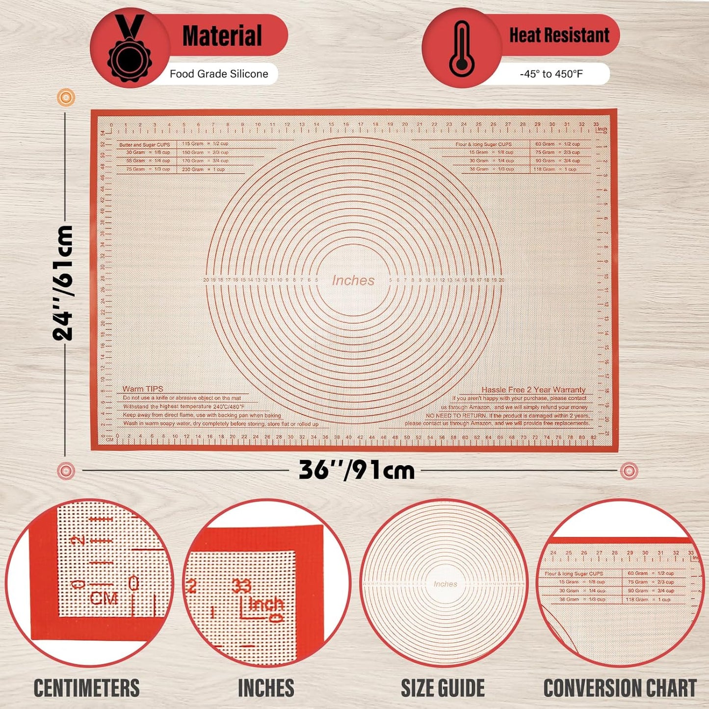 Silicone Pastry Mat 36x24 Inch Nonstick Baking Mat -Perfect for Doug, Pastry, Dough Rolling, Kneading Board, Pie Crust, Fondant, Pasta/Pizza, Kitchen Counter Mat