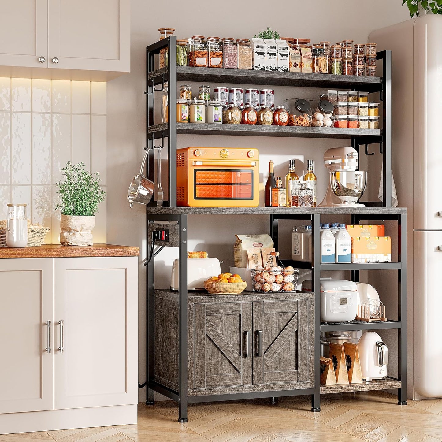 EnHomee Bakers Rack with Power Outlet, 6 Tier Microwave Stand, Coffee Bar Organizer with 8 L-Shaped Hooks, Kitchen Shelves with Storage, 14.1 x 30.1 x 63.1 Inches, Black Oak