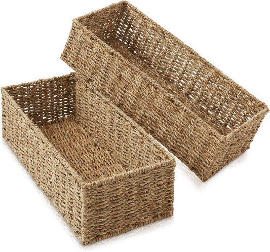 Casafield Set of 2 Bathroom Storage Baskets, Natural - Seagrass, 16" W x 6.75" D x 4.25" H, Woven Toilet Tank Topper Bins for Organizing Tissues, Toilet Paper, Toiletries, Shelves