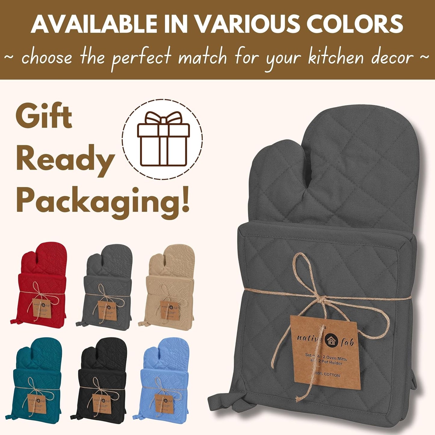 Native Fab Farmhouse Oven Mitts and Pot Holders Set of 4, Heat Resistant Non-Slip Machine Washable, 100% Cotton Kitchen Pot Holders Oven Mitts Sets Grey