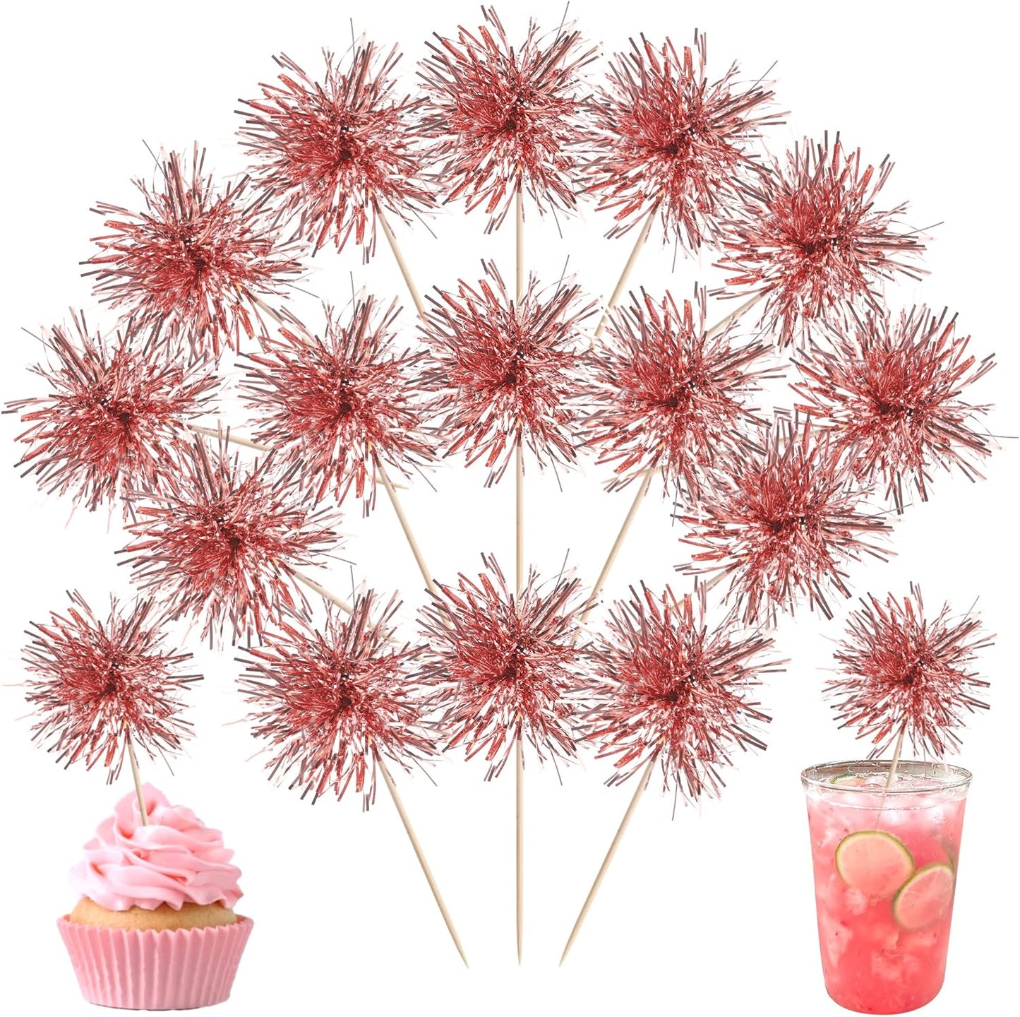 40 PCS Foil Firework Cupcake Toppers Rose Gold Sparkler Cupcake Picks Sparkle Tinsel Fireworks Decorations Cocktail Fruit Toothpick for Firework Theme Birthday Wedding Graduation Party Decor Supplies