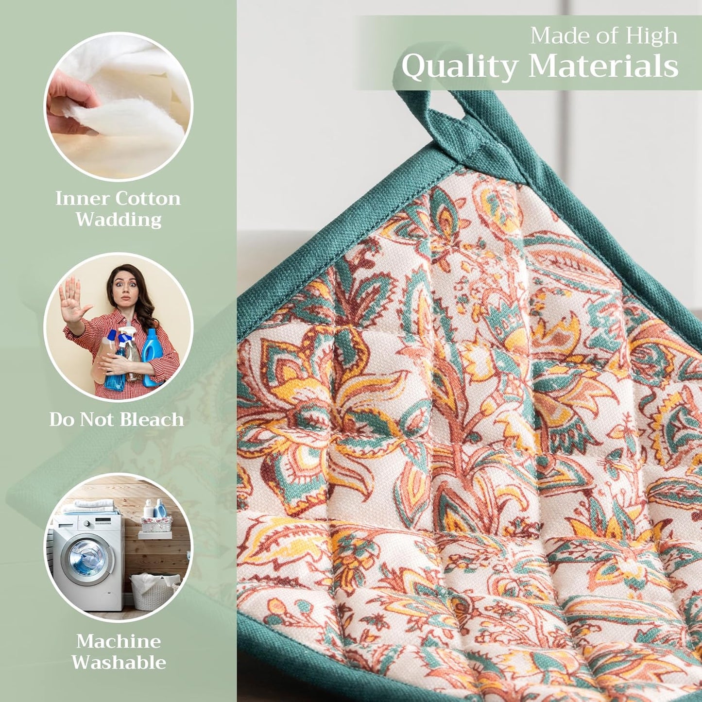 Maison d' Hermine Pot Holders Set 100% Cotton Heat Resistant Potholders 8" x 8" Hot Pads with Loop BBQ, Cooking, Baking, Grilling, Kitchen, Handling Hot Pans (Pack of 2, Nila)