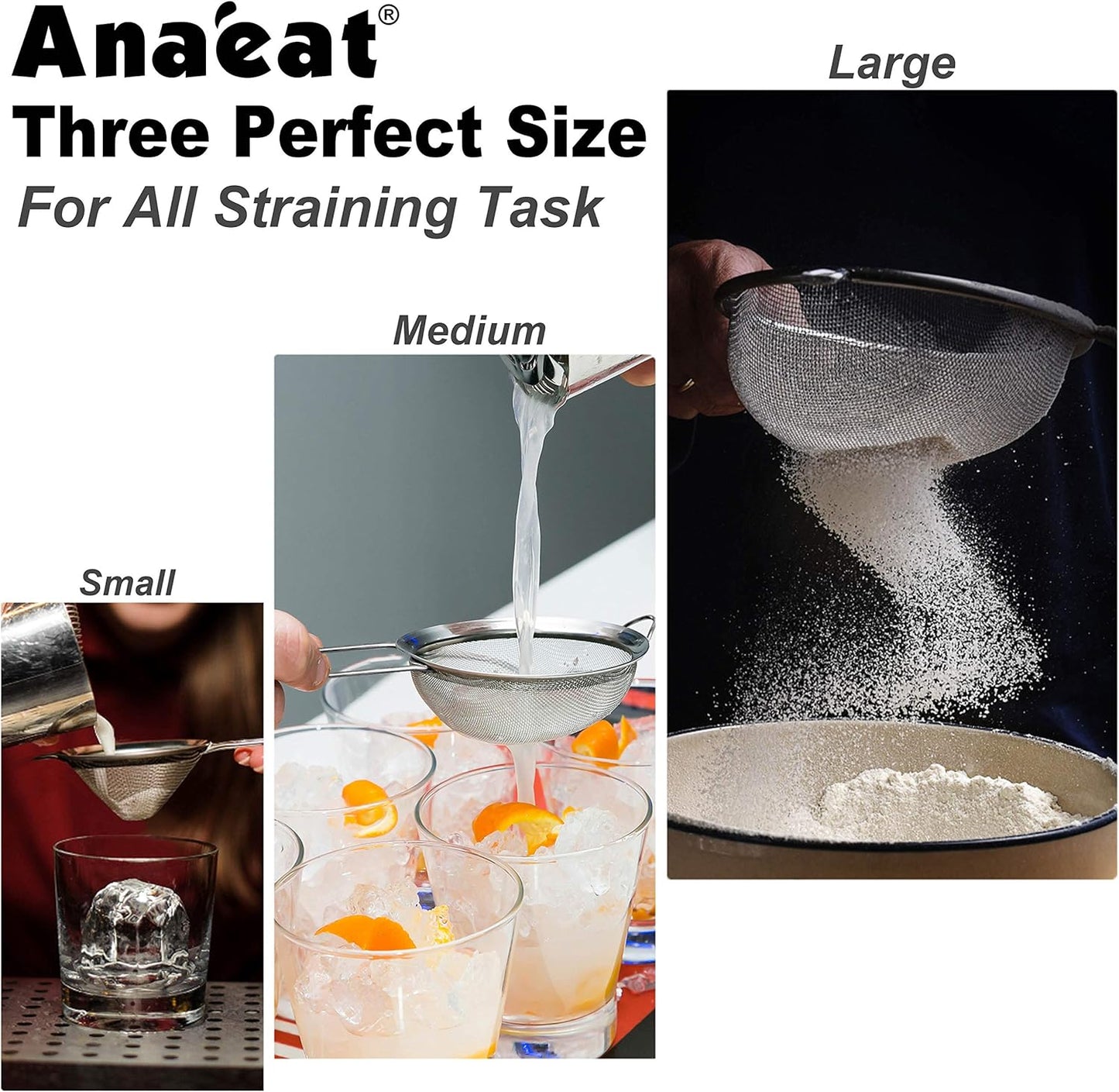 Anaeat Fine Mesh Strainers - Premium Stainless Steel Colander Sieve Sifters, with Durable Mesh and Sturdy Handle, Excellent for Sifting Dry ingredients, Flour, Pastas, Rice, Tea (3.94"）
