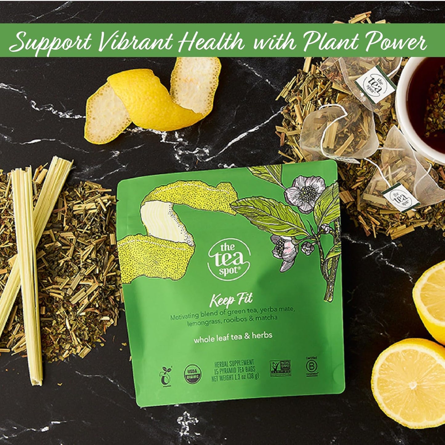 The Tea Spot Organic Keep Fit Green Tea with Yerba Mate and Matcha for Metabolic Support | Blend of Green Tea, Matcha, Yerba Mate, Rooibos, Lemongrass and Lemon Flavor | Caffeine-Free 15 Tea Bags