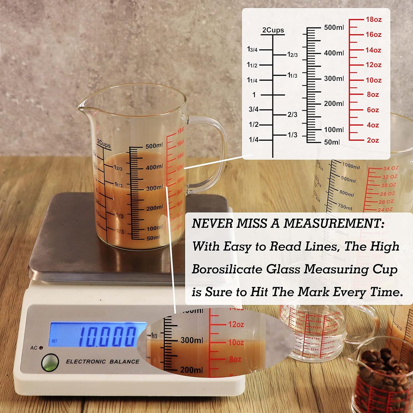 Glass Measuring Cup-[Insulated handle | V-Shaped Spout]-Made of High Borosilicate Glass Measuring Cup for Kitchen or Restaurant, Easy to Read, 500 ML (16 Oz, 2 Cup)