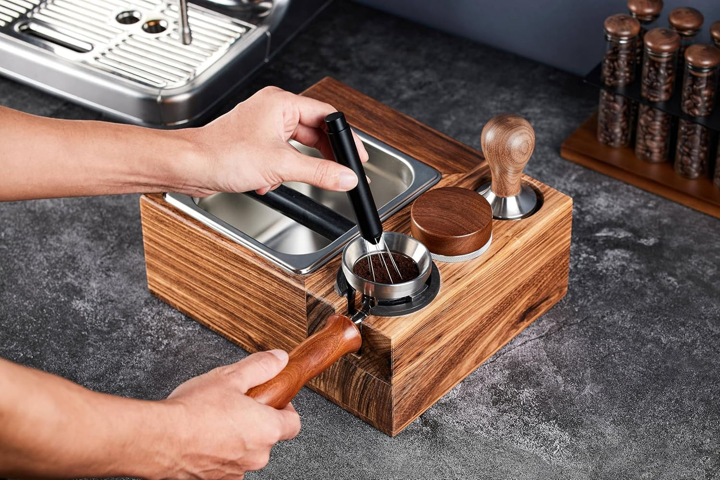 Espresso Knock Box and Tamping Station with Removable Organizer for 51mm, 54mm Ideal for Espresso Enthusiasts and Family Baristas