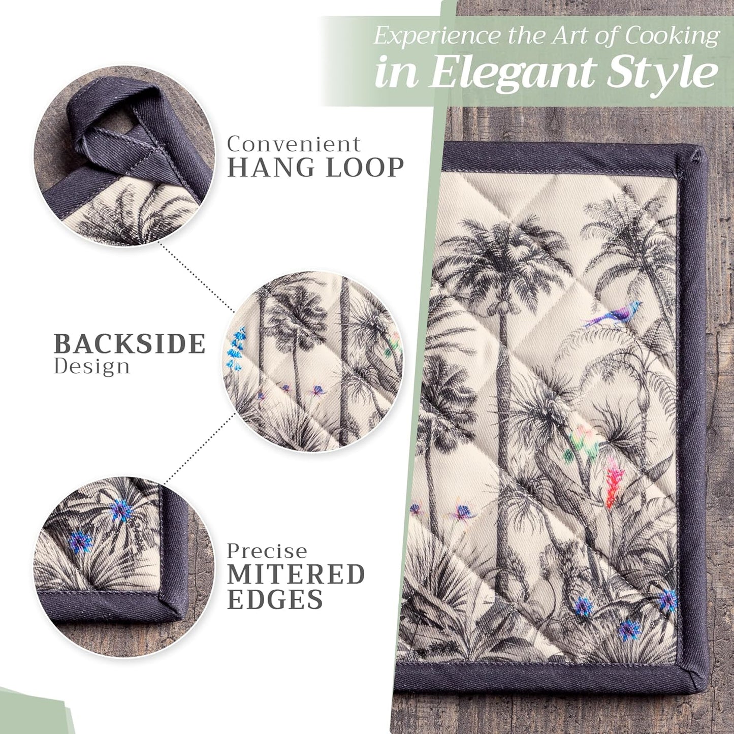 Maison d' Hermine 100% Cotton Oven Mitt & Pot Holder Set (7.5"x13" & 8"x8") Heat Resistant BBQ Cooking Gloves with Loop, Baking, Grilling, Kitchen, Handling Hot Pans (Amazonia)