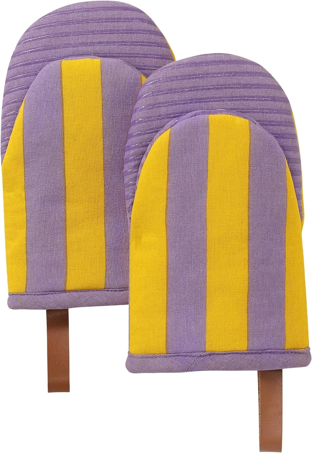 Folkulture Mini Oven Mitts Heat Resistant | (5.75x9) Set of 2 Purple Short Oven Mitts with Hanging Loop | 100% Cotton Oven Gloves or Kitchen Mittens | Small Oven Mitt Set or Yellow Silicone Oven Mit