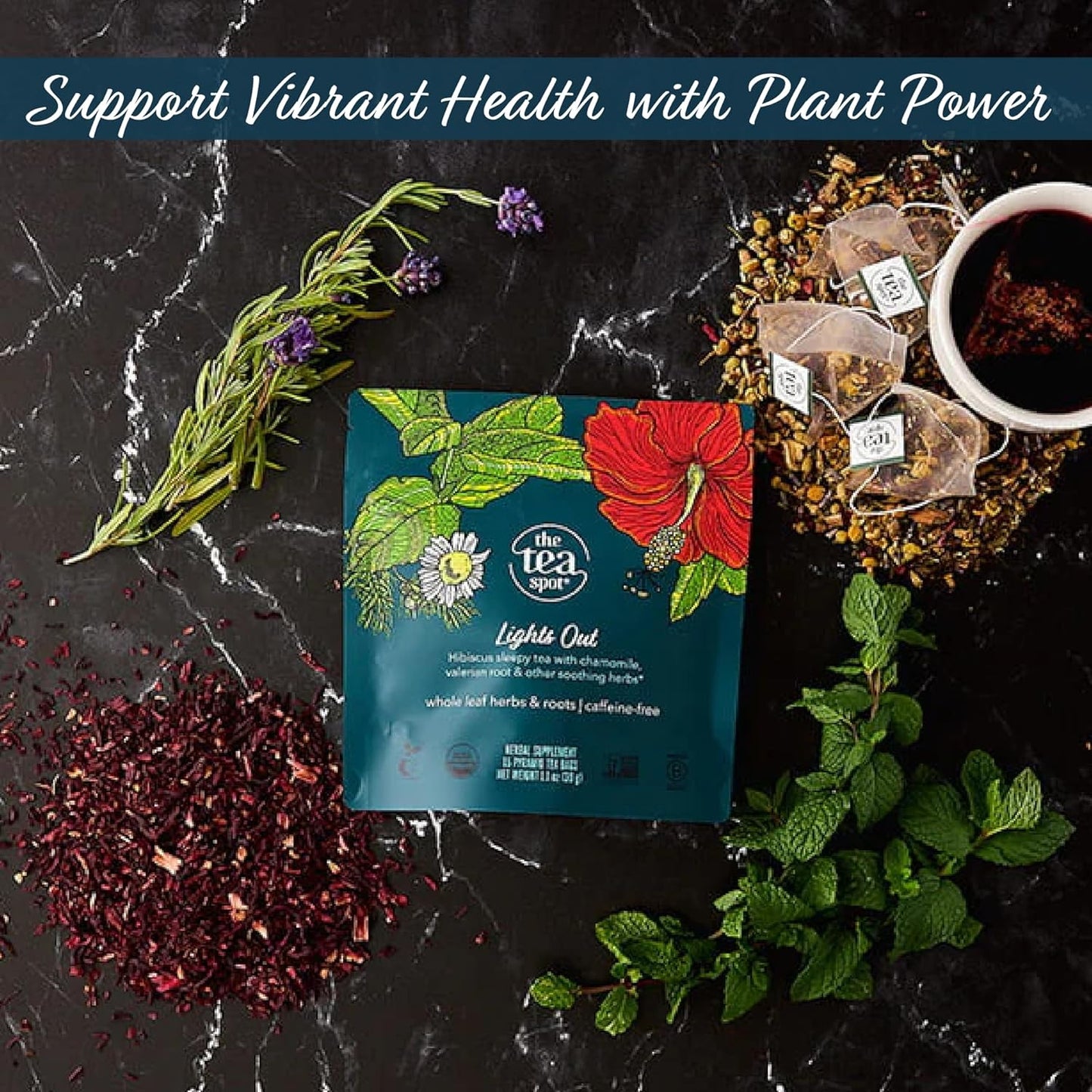 The Tea Spot Organic Lights Out Tea with Valerian Root Relaxation | Blend of Hibiscus, Peppermint, Chamomile, Lavender, Licorice Root & Valerian Root | Caffeine-Free 15 Tea Bags, Pack of 1