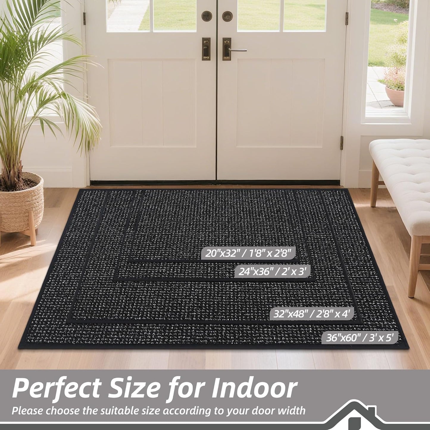 BEQHAUSE Dirt Trapper Door Mat 36" x 60", Non-Slip Washable Doormats Entrance Mat, Dirt Resistant and Absorbent Welcome Mat, Low Profile Floor Mats for Front Back Door and Entryway, Black