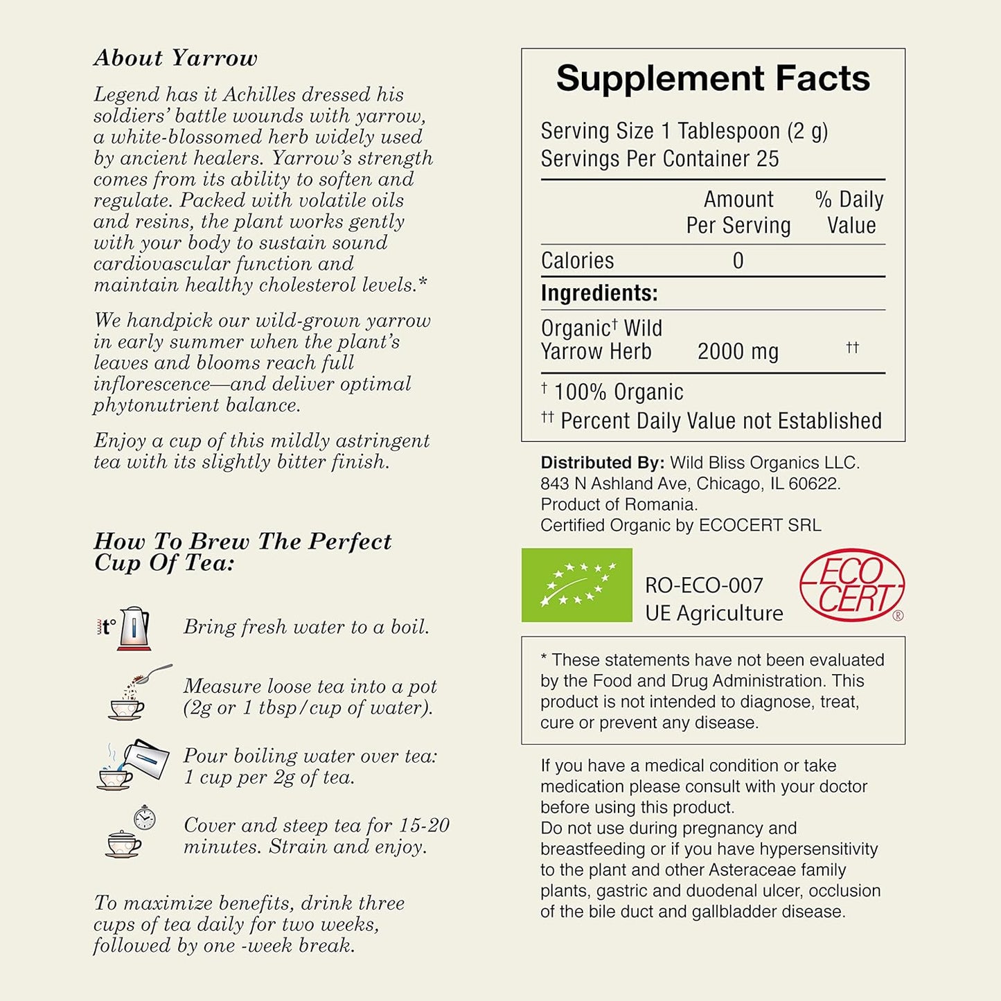 Wild Bliss Organic Yarrow Tea - Caffeine Free Herbal Tisane - Pharmacopoeia Potency - 20 Plant Based Tea Bags