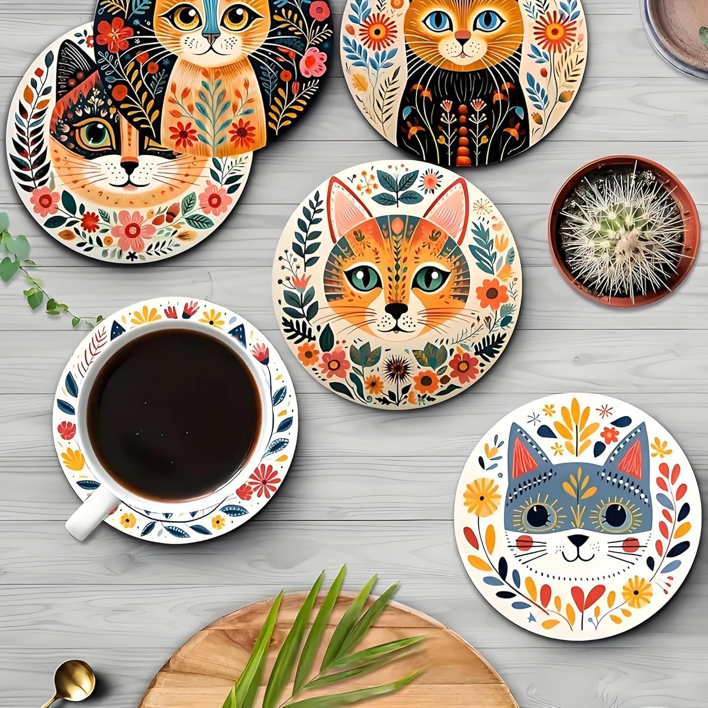 Wood Coasters Set of 6 - Handcrafted Drink Coaster Thick Heat-Resistant for Office, Bar, Farmhouse - Cute Cat Drink Cup Coasters for Table Protection