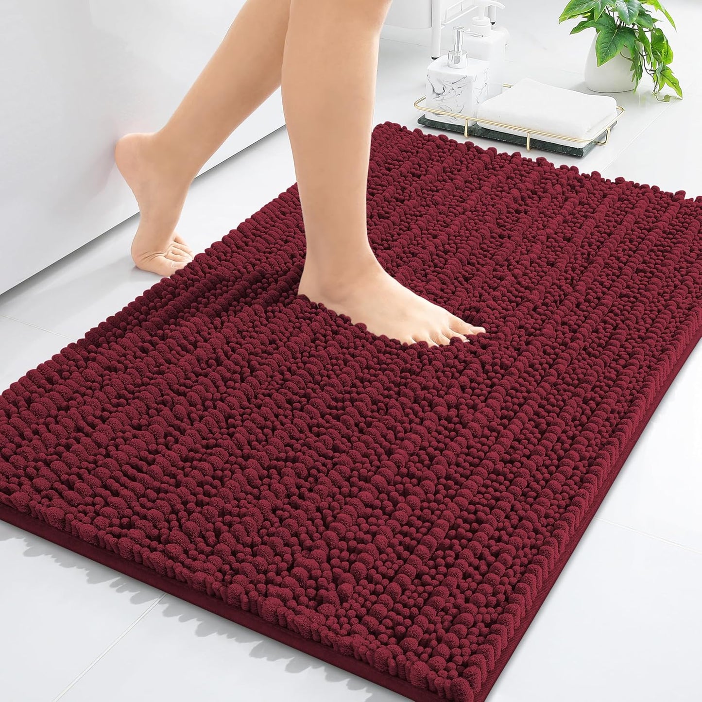 Arotive Luxury Chenille Bathroom Rug Mat, Extra Soft Thick Absorbent Shaggy Bath Rugs, Non-Slip Machine Wash Dry, Plush Bath Mats for Bathroom, Shower and Tub, 36x24, Burgundy