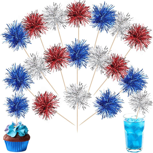 30 PCS Foil Firework Cupcake Toppers Sparkle Tinsel Cupcakae Picks 4th of July Decorations Cocktail Fruit Toothpick for Fireworks Theme Birthday Wedding Graduation Party Decor Supplies Blue Red Silver