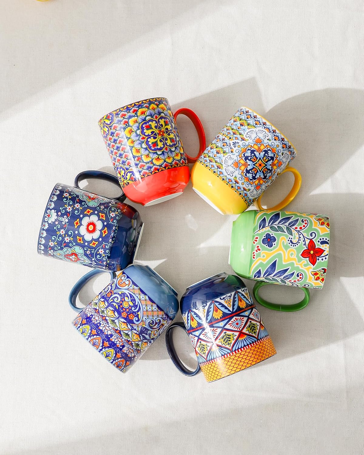 HENXFEN LEAD Coffee Mugs Set 14 Ounce - Multicolor Porcelain Cups for Latte, Hot Tea, Cappuccino, Cocoa, Soup, Dishwasher, Microwave Safe, Christmas Gift Set of 6 - Bohemian Style