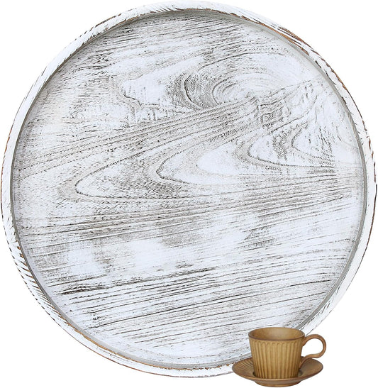Extra Large Round Ottoman Table Tray Round-24 - Rustic Wooden Serving Tray for Farmhouse Decorative Oversized Coffee Table Trays Living Room Kitchen Counter Breakfast Whitewash