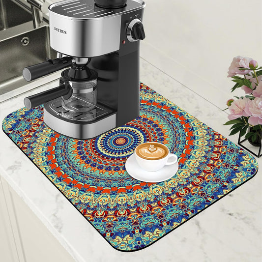 Boho Mandala Ethnic Coffee Mat Absorbent Dish Drying Mat for Kitchen Counter Hide Stain Rubber Backed Coffee Bar Accessories Fit Under Espresso Machine Dish Drainer 11.8 x 19.7 Inch