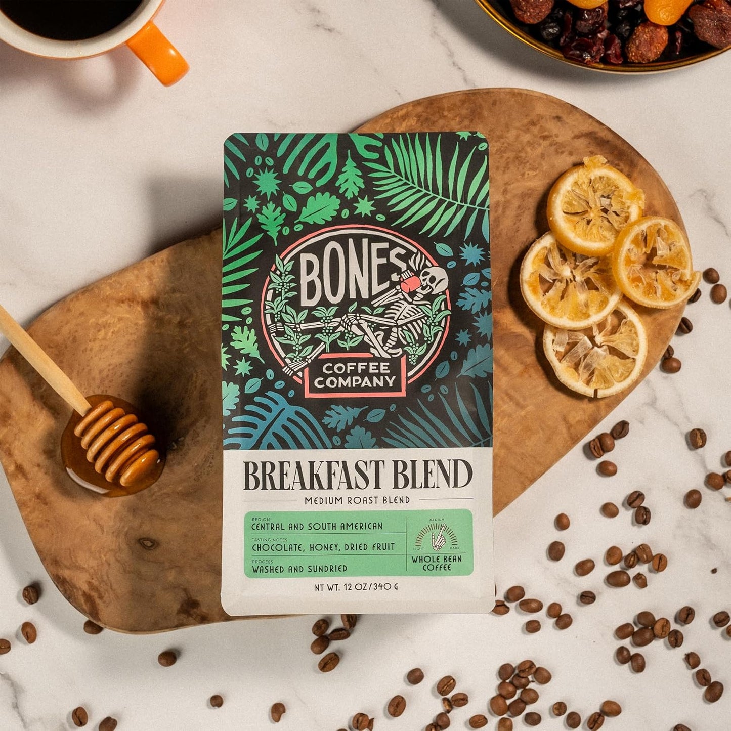 Bones Coffee Company Breakfast Blend, Chocolate, Honey and Dried Fruit Notes, Unflavored Coffee, Medium Roast Low Acid Arabica Beans Compatible with Auto drip and French Press Coffee Maker, 12 Oz Whole Bean