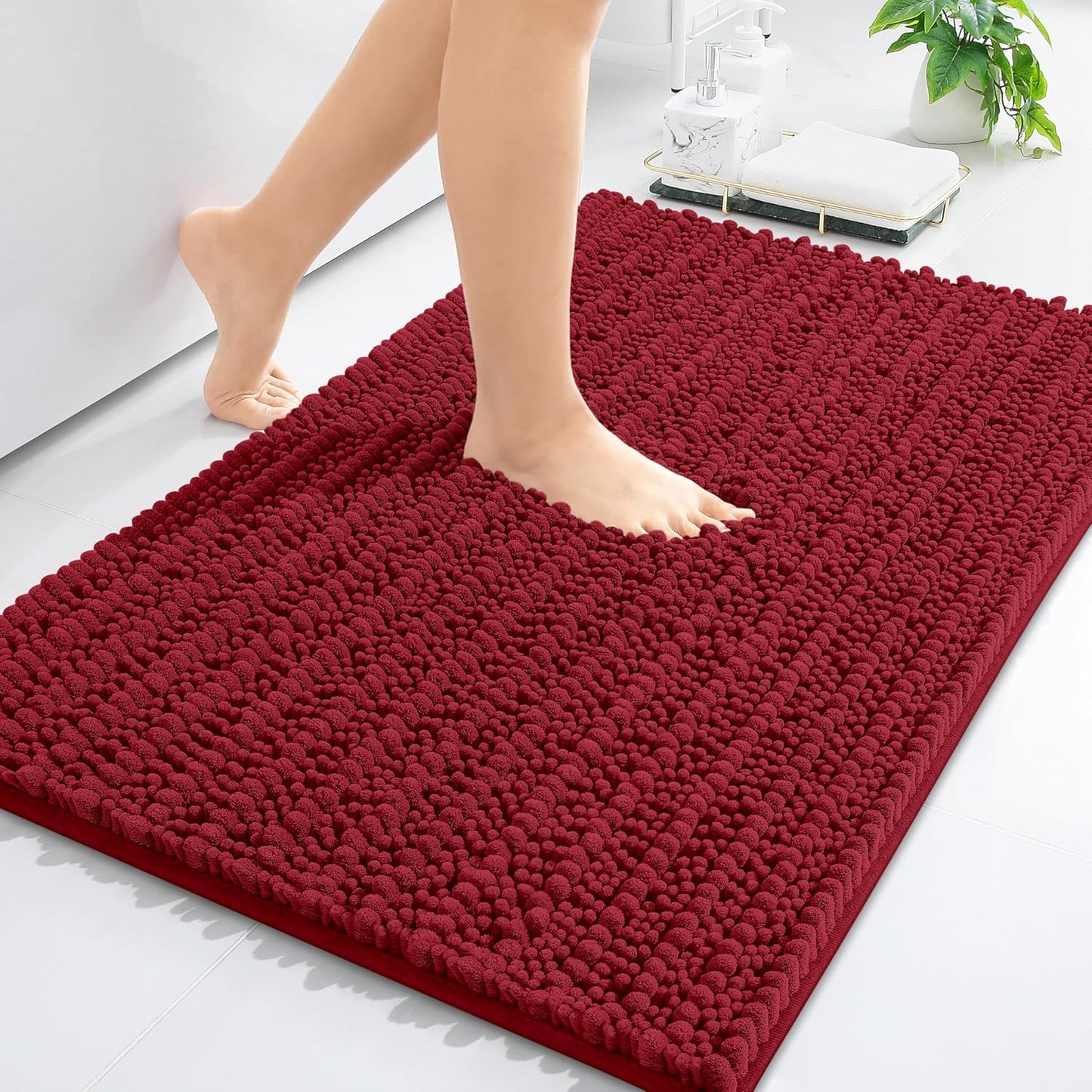 Arotive Luxury Chenille Bathroom Rug Mat, Extra Soft Thick Absorbent Shaggy Bath Rugs, Non-Slip Machine Wash Dry, Plush Bath Mats for Bathroom, Shower and Tub, 36x24, Red